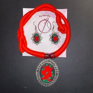 Needles Red and Green Embroidered Earrings and Necklace Set